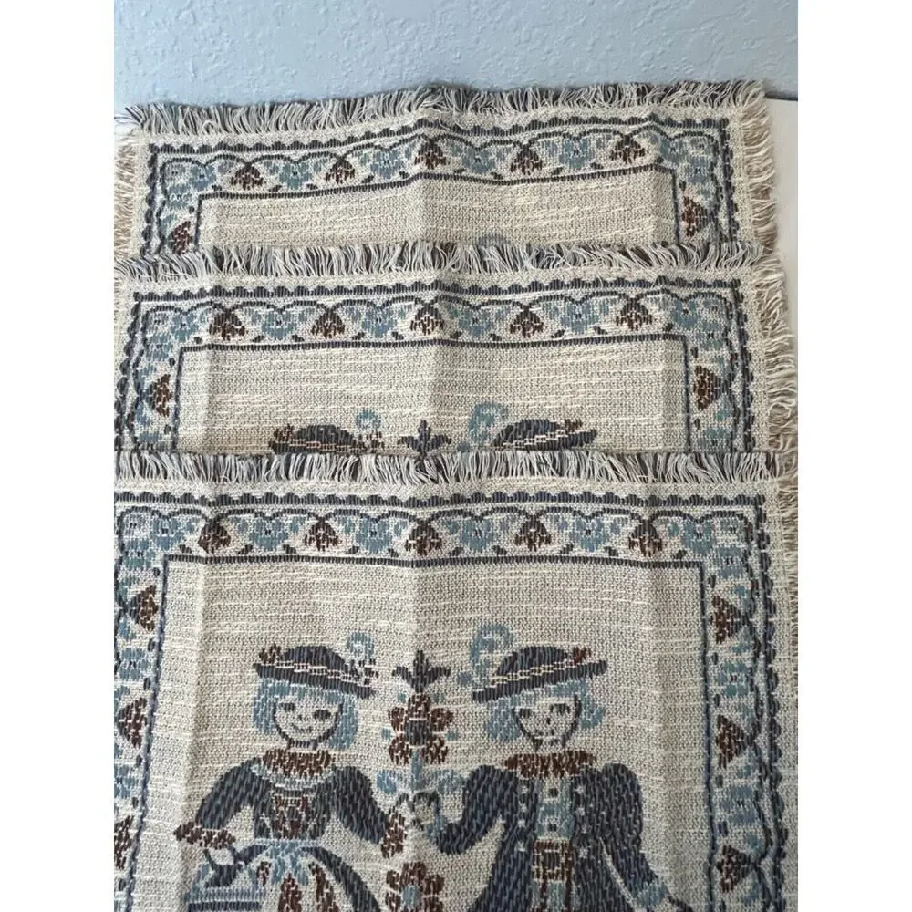 Vtg Kolf Blue Woven Tapestry Square Mats Austrian Boy Girl Linen Blend Set of 3